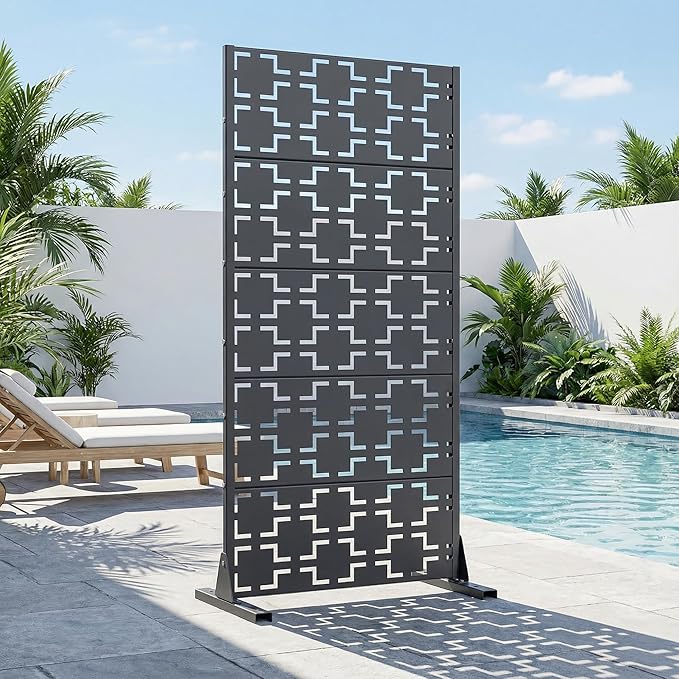 Casaphoria Metal Privacy Screen Outdoor, 60" H x 30" W Freestanding Decorative Privacy Screen for Patio Deck Balcony Garden with Stable Base, Darkgray-Square