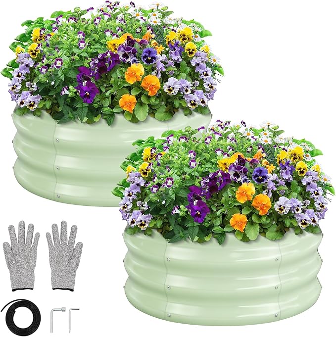 GreatBuddy 2x2x1 ft Round Galvanized Raised Garden Bed, Easy-Assembly Raised Bed with Anti-Cut Gloves & Tools, Rust-Proof Garden Bed for Outdoor, Vegetables, Herbs, Small Trees, Green
