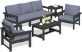 SERWALL HDPE Patio Furniture Set, 7-piece Outdoor Sectional Sofa Set, All Weather Outdoor Couch Set for Deck, Lawn, Black Frame with Grey Cushion
