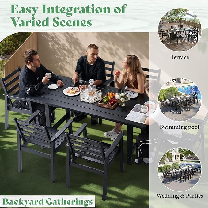 AMERLIFE 7-Piece HDPE Outdoor Dining Set with Umbrella Hole, 71" L Patio Table and Chairs Set for 6, Modern Garden Dining Set for Backyard, Poolside, Seaside, Porch, Black