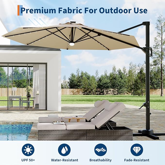 Garvee 10 ft Cantilever Patio Umbrella with Solar Lights, 360°Rotation Offset Umbrella, Easy Crank & Tilt Adjustment, UV Protection for Backyard, Poolside, Deck
