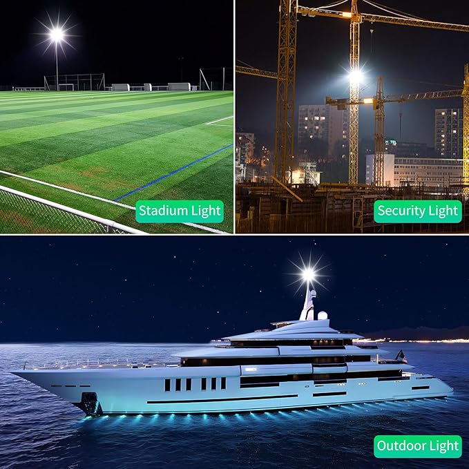 500W LED Flood Light Outdoor with Plug+10ft Cable, 60000LM Ultra Brighter 5000K Exterior Security Light, IP66 Waterproof Commercial Lighting for Sports Fields Counts Arena Stadium(2 Pack)