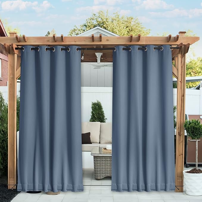 NICETOWN 2 Panels Waterproof Outdoor Curtains Fixed Grommet & Back Tab on Top & Bottom, Thermal Insulated Keep Rain & Sun Out Privacy Windproof Outdoor Draperies with Rope, W52 x L72, Stone Blue