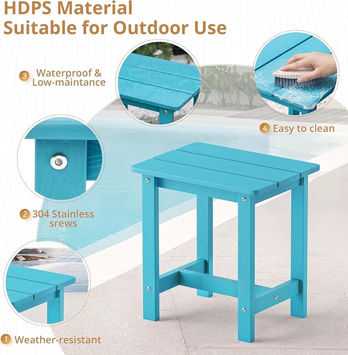 LUE BONA Outdoor Side Table, HDPS Small Outdoor Table, Rectangle Adirondack Side Table, Outside End Table for Patio, Porch, Pool, Weather Resistant/Easy Maintenance/Indoor or OutsideUse, Sky Blue