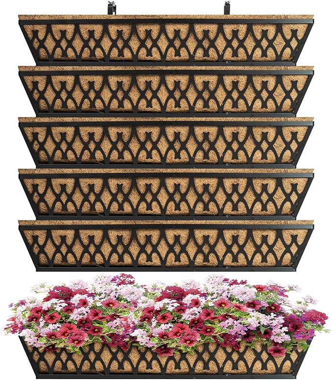 6 Pack 30 Inch Window Boxes Planters Railing Planter Box with Adjustable Brackets for Porch Fence Patio Balcony Hanging Flower Baskets with Coco Liners for Outdoor Garden Decor - Black