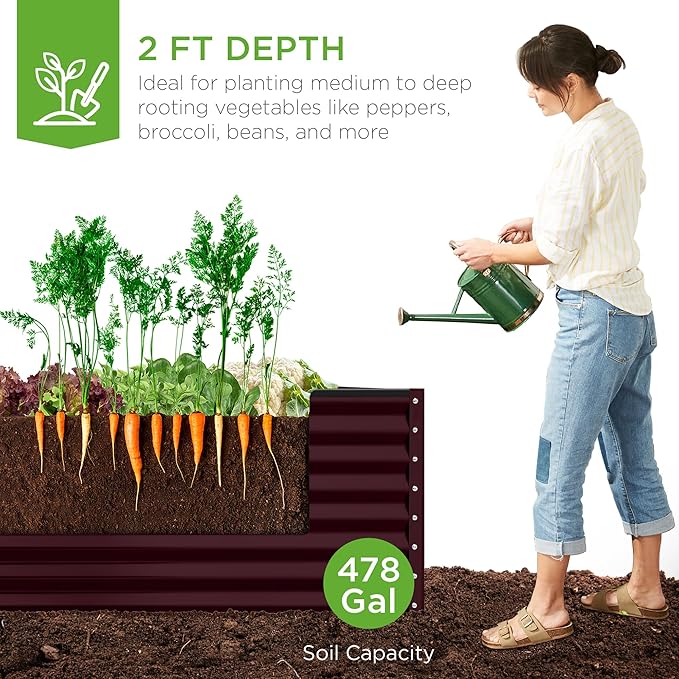 Best Choice Products 8x4x2ft Outdoor Metal Raised Garden Bed, Deep Root Planter Box for Vegetables, Herbs & Flowers, 478-Gallon Capacity, 100% Non Toxic Materials - Burgundy