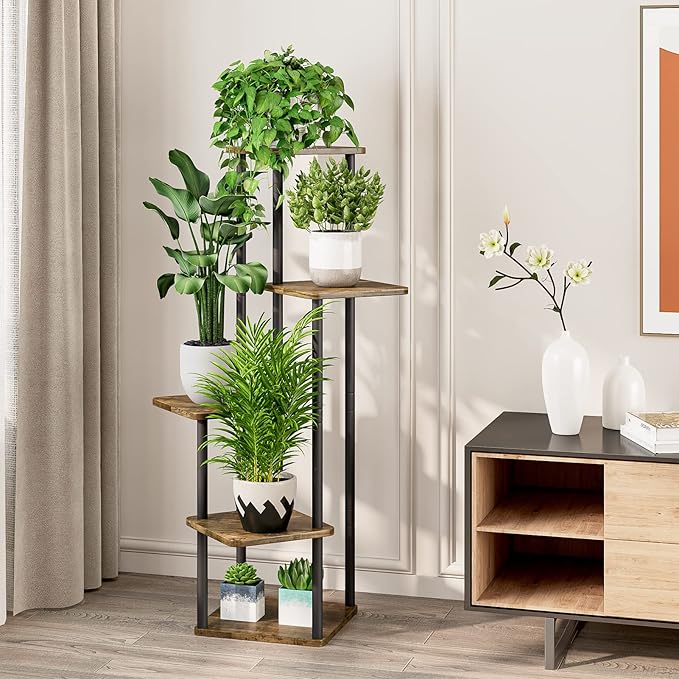 5 Tier Plant Stand Indoor, Thickened Metal Wood Corner Plant Shelf Stands for Multiple Plants, Indoor Tall Plants Stand Tiered Flower Holder for Living Room Patio Garden Balcony(Black+Brown)