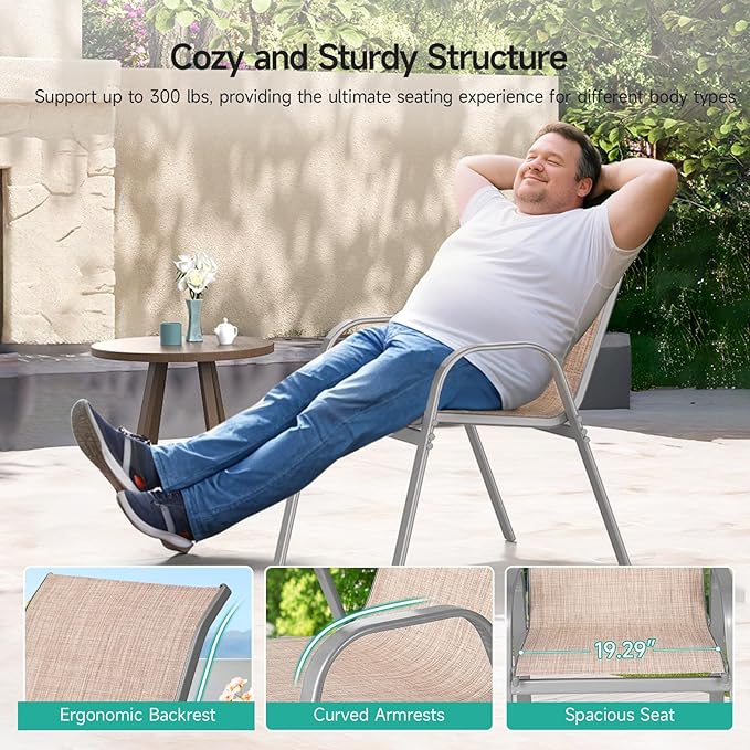 Patio Chairs Set of 6, Easily Set Up Stackable Outdoor Dining Chairs with High Back and Wide Seat, All Weather Breathable Outdoor Chairs Set of 6 with Metal Frame for Backyard Deck Pool, Beige