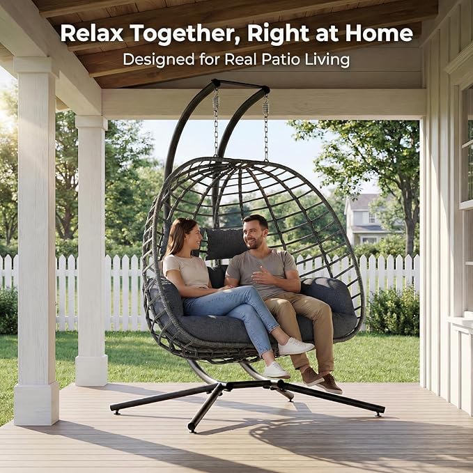 SWITTE Double Egg Swing Chair with Stand, Outdoor Patio 2 Person Hanging Wicker Hammock Chairs with Cushion for Indoor Bedroom, Lawn, Garden-Dark Grey