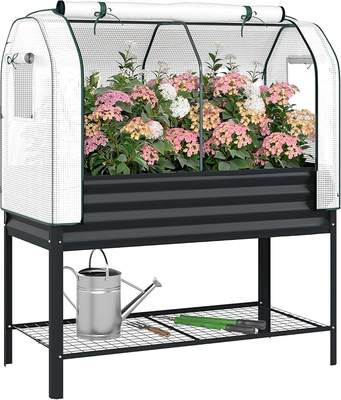 Outsunny Galvanised Raised Garden Bed with Greenhouse Cover, Metal Elevated Garden Bed with Legs, Bed Liner and Bottom Shelf, Outdoor Raised Planter Box for Vegetables, Herbs, Flowers, Black