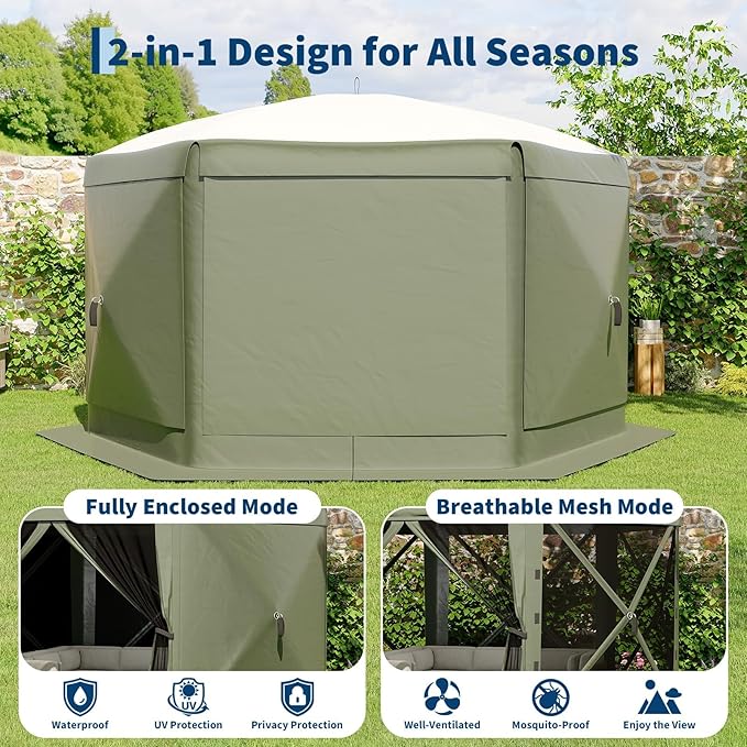 11.5x11.5FT 6-Sided Pop Up Gazebo Tent，One-Push Setup Canopy Tent with Mesh Panels & Removable Wind Cloths, Outdoor shelter for Camping, Backyard Parties, Outdoor Events - Army Green