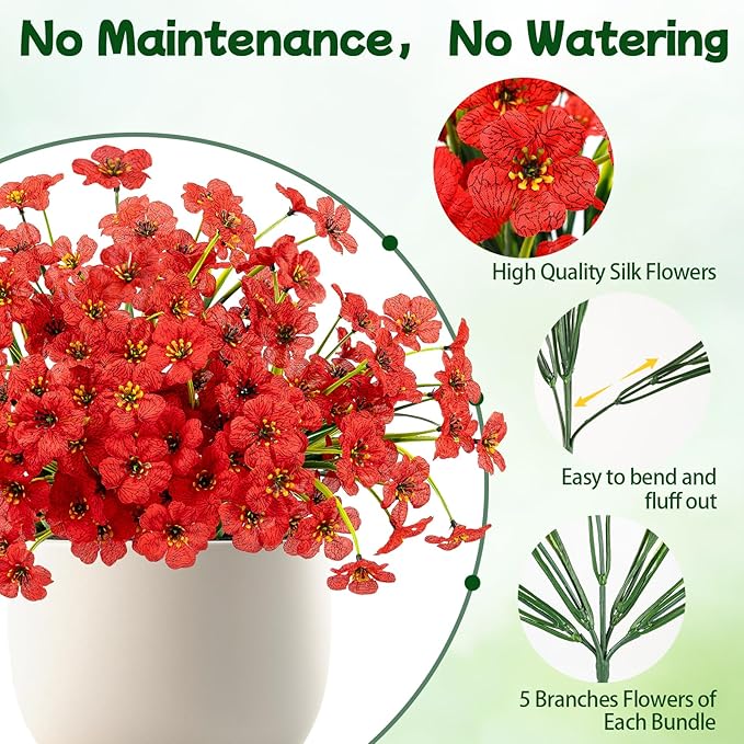MACTING 24 Bundles Artificial Flowers for Outdoors UV Resistant Fake Flowers Faux Plastic Plants No Fade for Planters Window Patio Porch Home Garden Indoor Outside Spring Decorations,Red