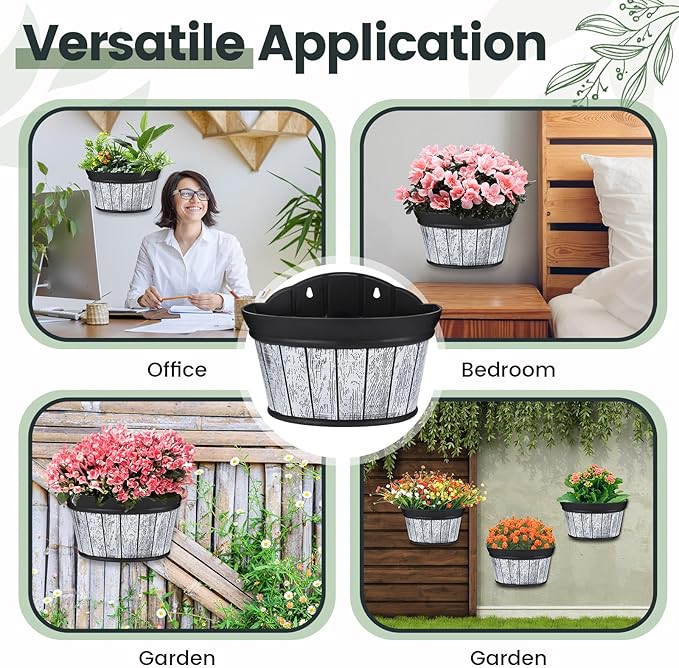 Layhit 6 Pcs Wall Hanging Planters Outdoor Pot Planter Wine Barrel Planter Distressed Oak Thickened Plastic Water Storage Flower Pots for Flower Indoor Outdoor(12 Inches,Wood White)