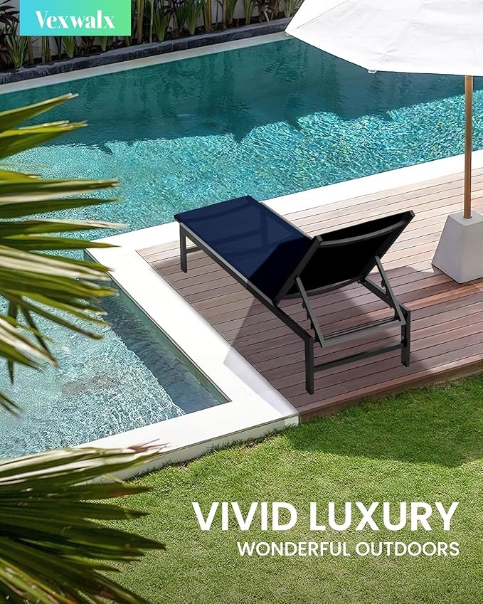 Outdoor Lounge Chair for Pool, Aluminum Chaise Lounge Chairs with 5-Position Recliner, Patio Lounge Chair for Backyard, Poolside, Deck, Lawn (Navyblue)