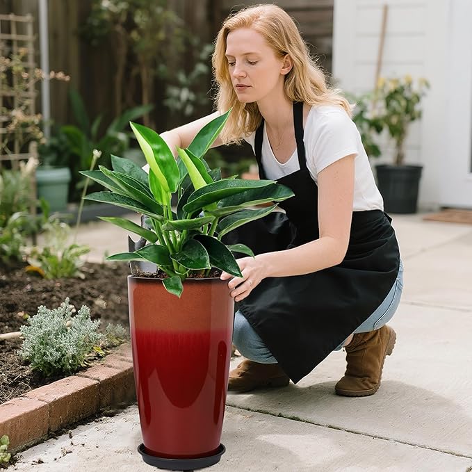 24/21/12 Inch Large Plastic Planter, Lightweight Ceramic-Look Tall Planters with Drain Hole & Saucers, Tall Plastic Planters for Porch, Garden, Patio, Balcony(Fiery Red)