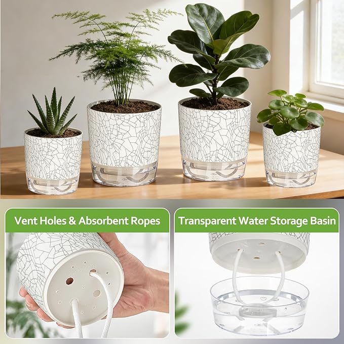 Self Watering Pots for Indoor Plants, 4/5.5 Inch Crackle Pattern Planters with Clear Water Reservoir & Wick System, 4 Pack Plastic Flower Pots for Succulents, Herbs, African Violets