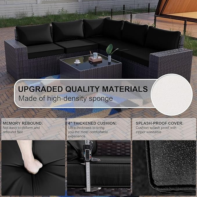 Kullavik 6PCS Outdoor Patio Furniture Set PE Wicker Rattan Sectional Sofa Patio Conversation Sets,Black
