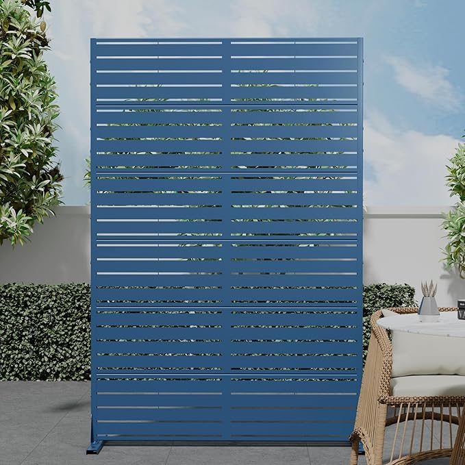Casaphoria Metal Privacy Screen Outdoor, 72" H x 47" W Freestanding Decorative Privacy Screen for Patio Deck Balcony Garden with Stable Base, Louvered Blue