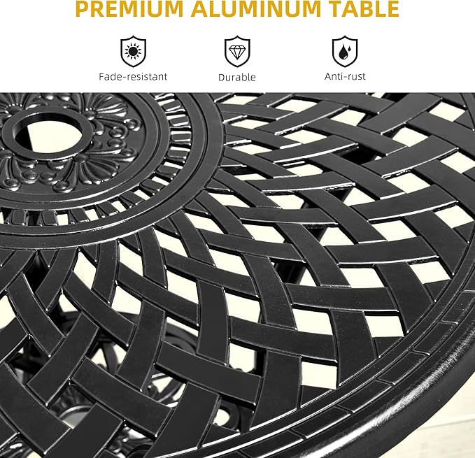 DWVO 30 Inches Round Patio Dining Table with Umbrella Hole, Antique Cast Aluminum Outdoor Bistro Table Outdoor Side Table for Backyard, Garden, Patio, Porch, Black