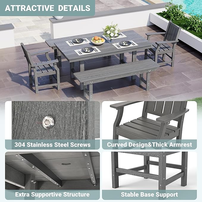 Pamapic 5 PCS Outdoor Dining Set, Spacious HDPE Outdoor Table and Chairs with 2 Bench, Wood Grain Patio Furniture Sets with Elegant Armrest, All-Weather Outdoor Furniture with Umbrella Hole, Gray