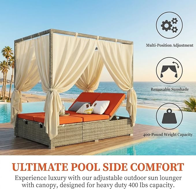 Harper & Bright Designs Adjustable Outdoor Sun Lounger with Canopy,Multi-Position Recline Patio Chair with Removable Cushion,Weather-Resistant Rattan Chaise Lounge for Poolside,Garden & Terrace,Orange