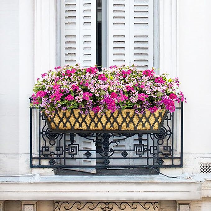 4 Pack 24 Inch Window Boxes Planters for Outdoor Plants Railing Planter Box with Adjustable Brackets for Windowsill Porch Fence Patio Hanging Flower Coco Baskets for Outside Decoration - Black