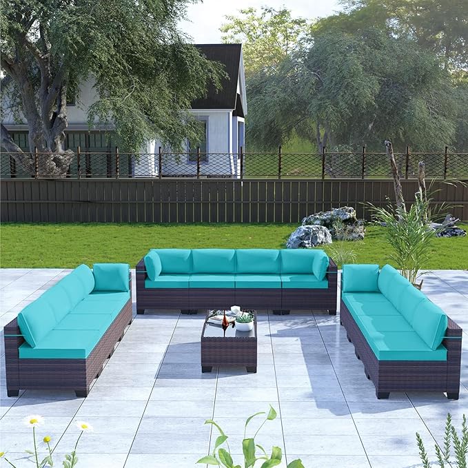 Kullavik 14 Pieces Outdoor Patio Furniture Set PE Wicker Rattan Sectional Sofa Patio Conversation Sets,Blue