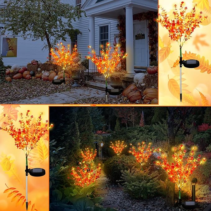 2 Pack Solar Stake Lights Outdoor Decor Waterproof Mums Artificial Flowers Solar Lights for Outdoor Garden Yard Pathway Decor (Orange,Camellia)