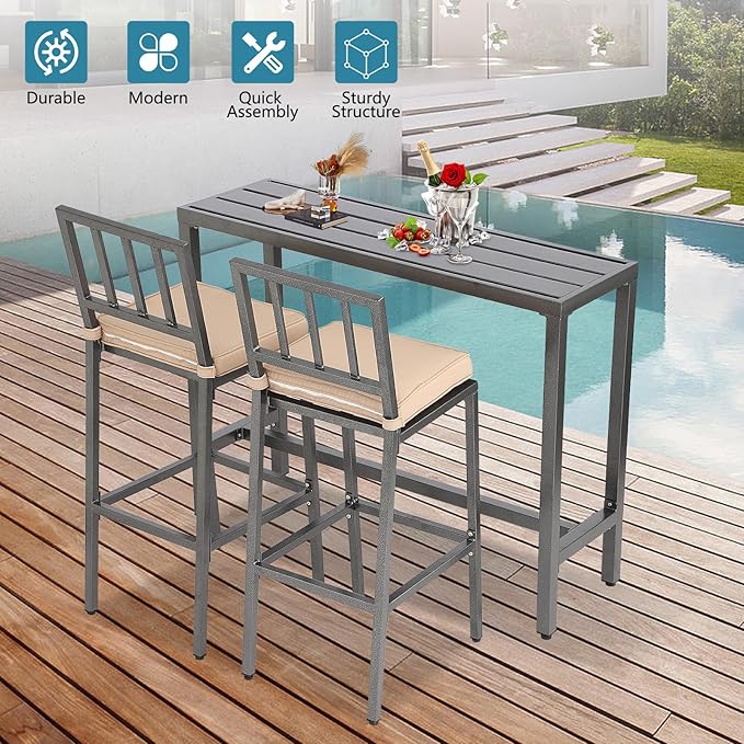 Outdoor Bar Table, Patio Console Pub Height Tables with Powder Coated Steel Frame, Weather Resistant Waterproof Top for Hot Tub, Balcony, Garden, Yard, Poolside (Grey, 47" Narrow Bar Table)