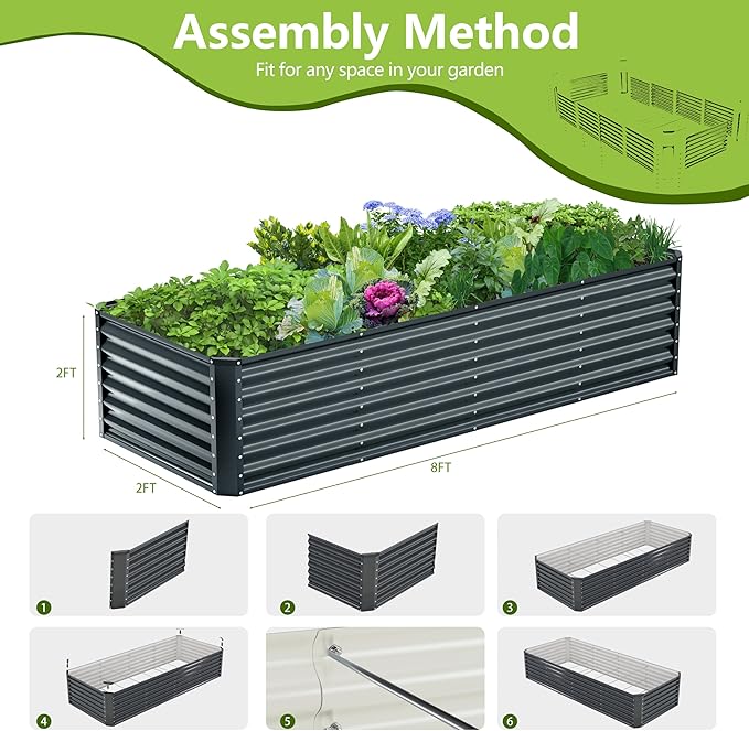 8x2x2FT Galvanized Raised Garden Bed,Galvanized Planter Boxes Outdoor, Large Metal Raised Garden Beds for Vegetables-Grey