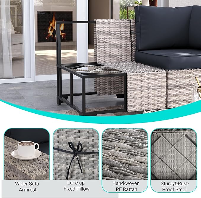 9-Piece Outdoor Patio Furniture Set with Rocking Swivel Chair Wicker Sectional Sofa Set, Patio Conversation Set with Thickened Cushions & Coffee Table for Garden, Backyard, Dark Grey