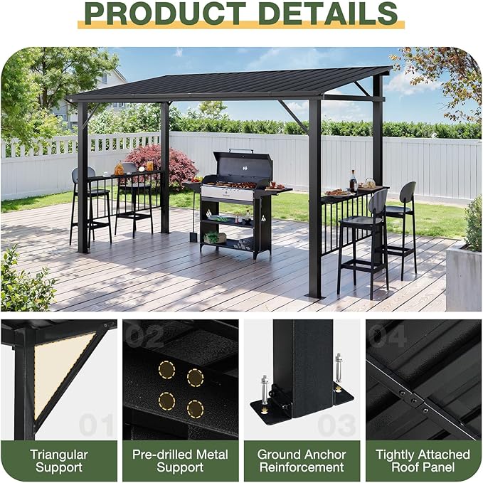 Aoxun 12x6 FT Hardtop Grill Gazebo with 2 Side Shelves & Hooks for Outdoor Grill, Outdoor BBQ Gazebo Canopy with Sloping Steel Roof, Permanent Metal Gazebo for Patio, Backyard, Lawn, Deck