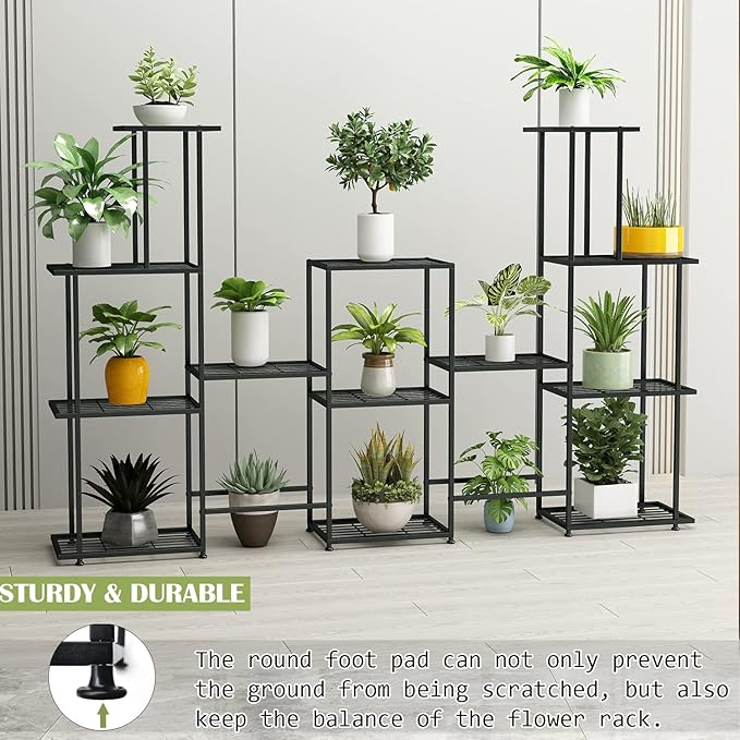Twhep Tall Multi Tier Plant Stand, 13 Tiers Multifunctional Plant Stands for Indoor Plants, Decorative Black Steel Plant Shelf for outdoor Patio Garden Balcony and Yard