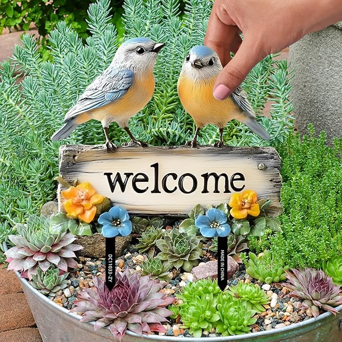 Fairy Garden Stake Decor, Acrylic 2D Garden Fairy Decoration, Fairy Garden Accessories for Outdoor Indoor Yard Lawn Pot Plants (Two-Birds)