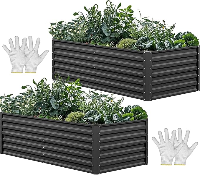 YITAHOME 6x3x2ft 2pcs Large Raised Garden Bed Kit, Galvanized Metal Planter Box with Gloves, Ground Nails, Support Rod, Outdoor Above Ground Planters for Plants Vegetables Flowers, Black