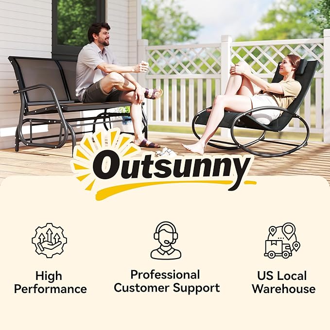 Outsunny 2-Person Outdoor Glider Bench, Patio Double Swing Rocking Chair Loveseat w/Powder Coated Steel Frame for Backyard Garden Porch, Black
