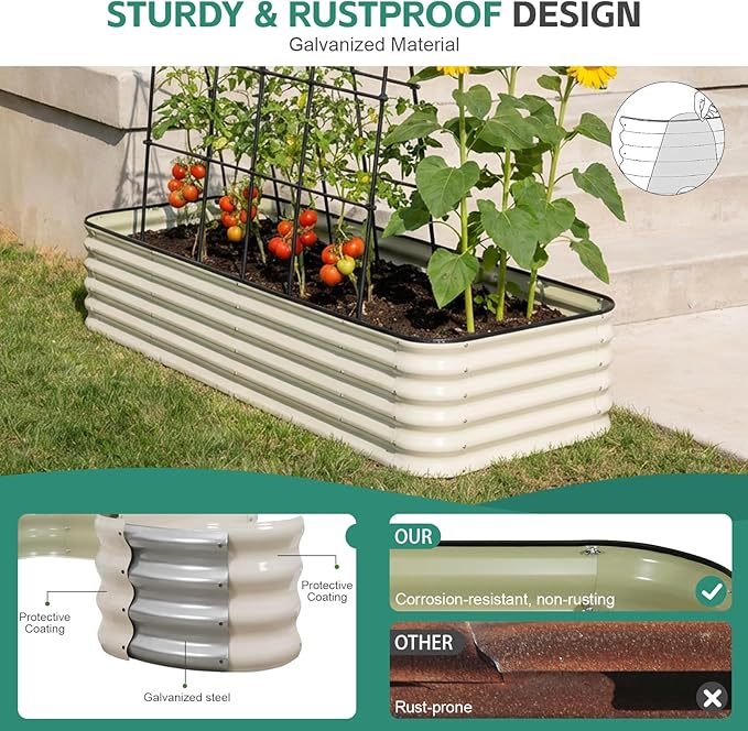 5 in 1Galvanized Raised Garden Bed - 8x3x1.4ft Modular Garden Planter Bed Outdoor | Steel Raised Bed Kit with Bracing Rods, Gloves for Gardening Vegetables Fruits and Flowers - White