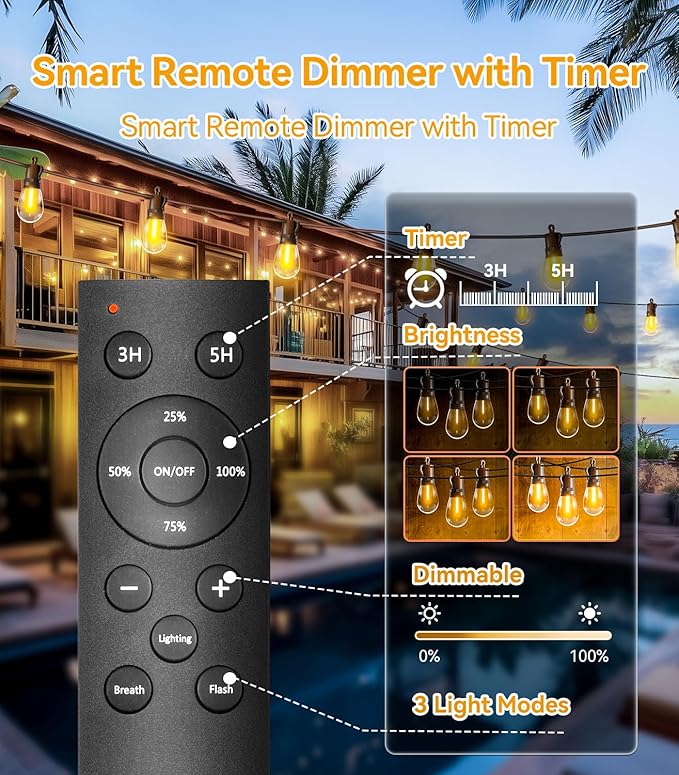 Outdoor String Lights Patio LED - Light Outside 50Ft 15M Waterproof Remote Dimmable S14 Porch Lighting Edison Plastic Bulb Pergola Hanging Balcony Connectable Backyard Yard Gazebo Party Garden Bistro