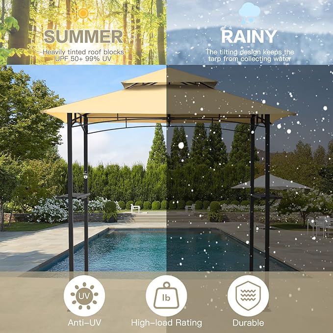 AECOJOY 8' x 5' Outdoor Grill Gazebo Canopy, BBQ Canopy for Outdoor Grill, 2- Tier BBQ Gazebo Shelter for Patio, Backyard and More (Beige)