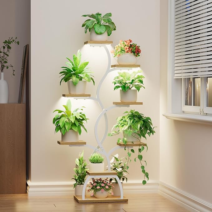 Plant Stand Indoor with Grow Light - 8 Tiered Plant Shelf Indoor, Corner Plant Stand, 49" Tall Plant Shelf with Lights for Indoor Growing, Lighted Flower Holder for Living Room, Balcony (White)