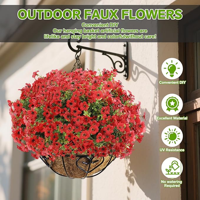 Artificial Flowers for Outdoor,Silk Flowers No Fade Fake Plastic Flowers UV Resistant Faux Plants for Outdoors Outside Front Porch Hanging Planter Window Box Garden Home Decoration,13 Pack(Red)