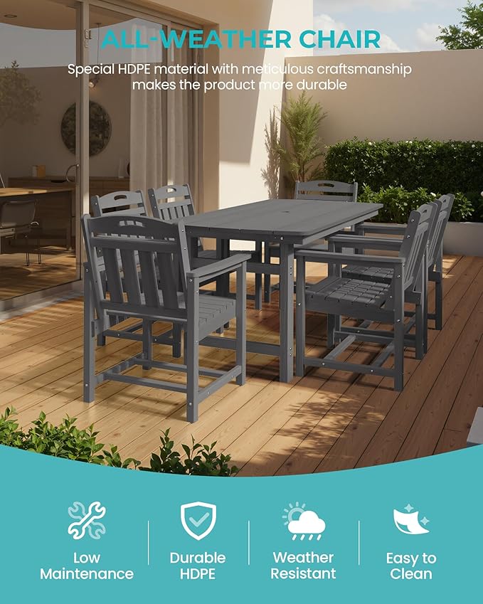 Outdoor Rectangle Dining Table, Heavy-Duty HDPE Table for 6, Weatherproof Patio Table with Umbrella Hole, Rounded Corners for Safety, Grey