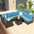 8-Piece Patio Furniture Set with 50,000 BTU Fire Pit Table - Wicker Outdoor Sectional Sofa with Thick Waterproof Cushions, Complete Conversation Set for Backyard Garden(Brown & Peacock Blue)
