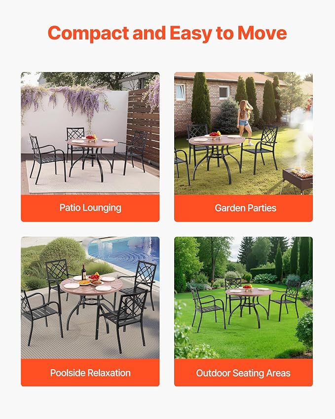 VEVOR Outdoor Patio Dining Table, 41 inch Round Wood-Like Steel Slat Backyard Bistro Coffee Tables for 4, with 1.5 in Umbrella Hole, Outside All-Weather Large Furniture for Lawn Garden Porch
