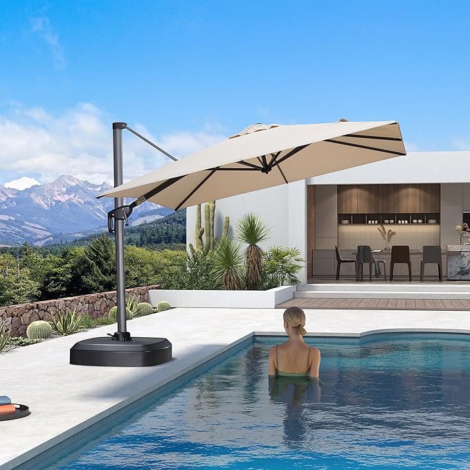 PURPLE LEAF 8' X 8' Patio Umbrella with Wheeled Base for Pool 7' High Offset Outdoor Cantilever Umbrella Swimming Pool Umbrella with 360°Rotation for Poolside Beige