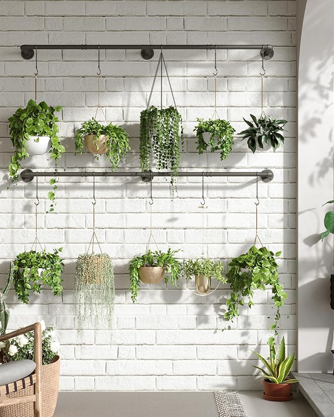Plant Haning Rod, 2 Pack Hanging Planters for Indoor Plants with 6 Chains, Wall Plant Hanging Bar for Window Celling, 65.7 Inch, Metal Black, Pots Not Included