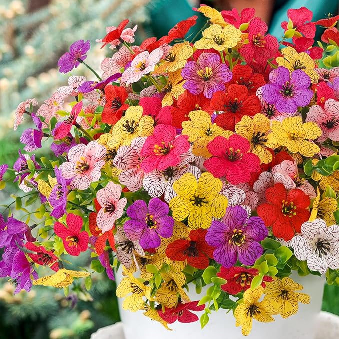 MACTING Artificial Flowers for Outdoors 12 Bundles Faux Outdoor Plants UV Resistant Fake Plastic Flowers No Fade for Planters Patio Porch Garden Home Indoor Outside Summer Decorations(Mix Color-2)