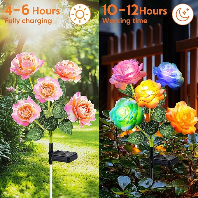 Solar Garden Lights Outdoor Waterproof: 6 Pack LED Solar Flowers Lights Garden Decor - 7 Color-Changing Spring Solar-Powered Stake Rose Decor for Patio Outside Yard Pathway Lawn Cemetery Decorations