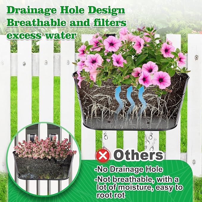 MADHOLLY Railing Planter with Drainage Holes - Sturdy Bucket Pots for Railing Fence, Countryside Style Metal Flower Pots for Herbs Balcony Garden Yard Decor, 2Pcs, Black