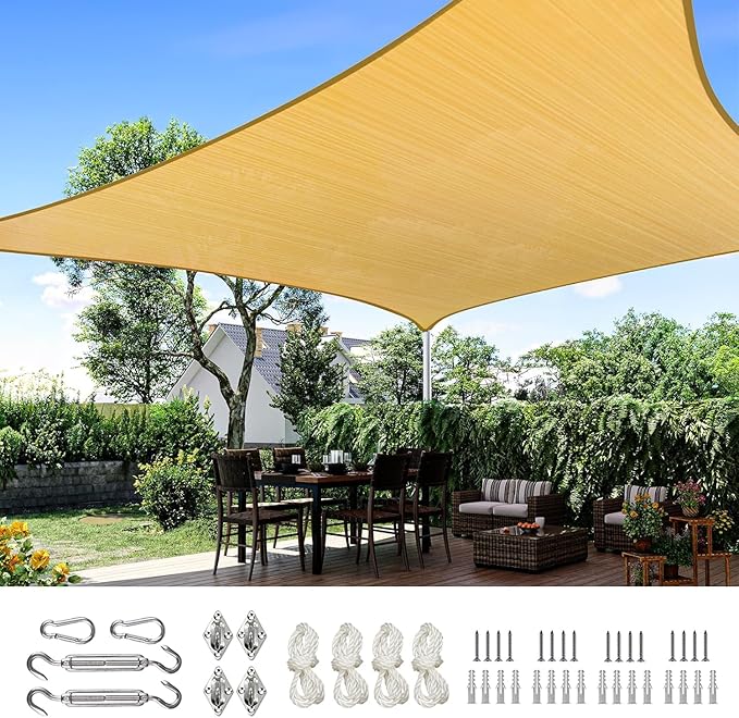 Quictent 20x20ft Fire Retardant 185G HDPE Sun Shade Sail with Hardware Kits Canopy 98% UV Block Outdoor Patio Garden (Sand)